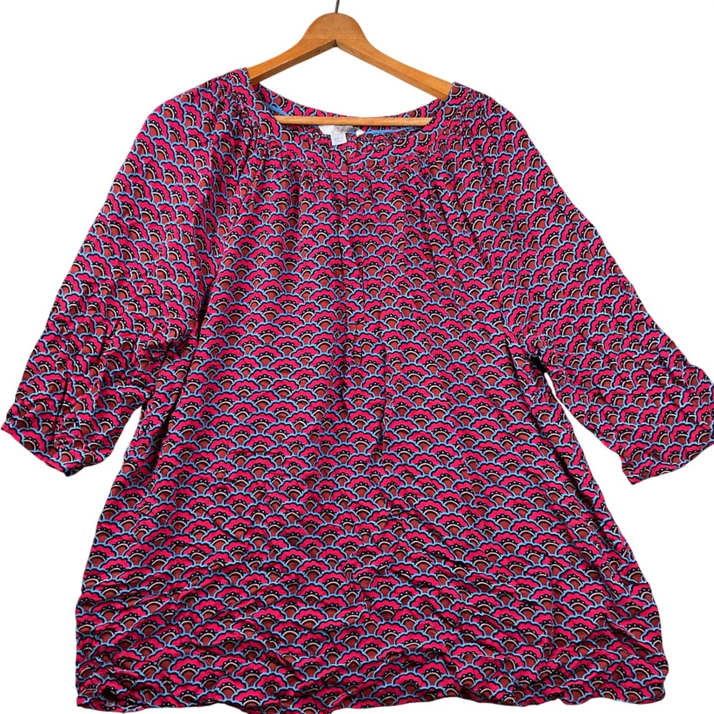 Boden Blouse Womens 16 Pink Blue Scallop Print 3/4 Sleeve Viscose Top